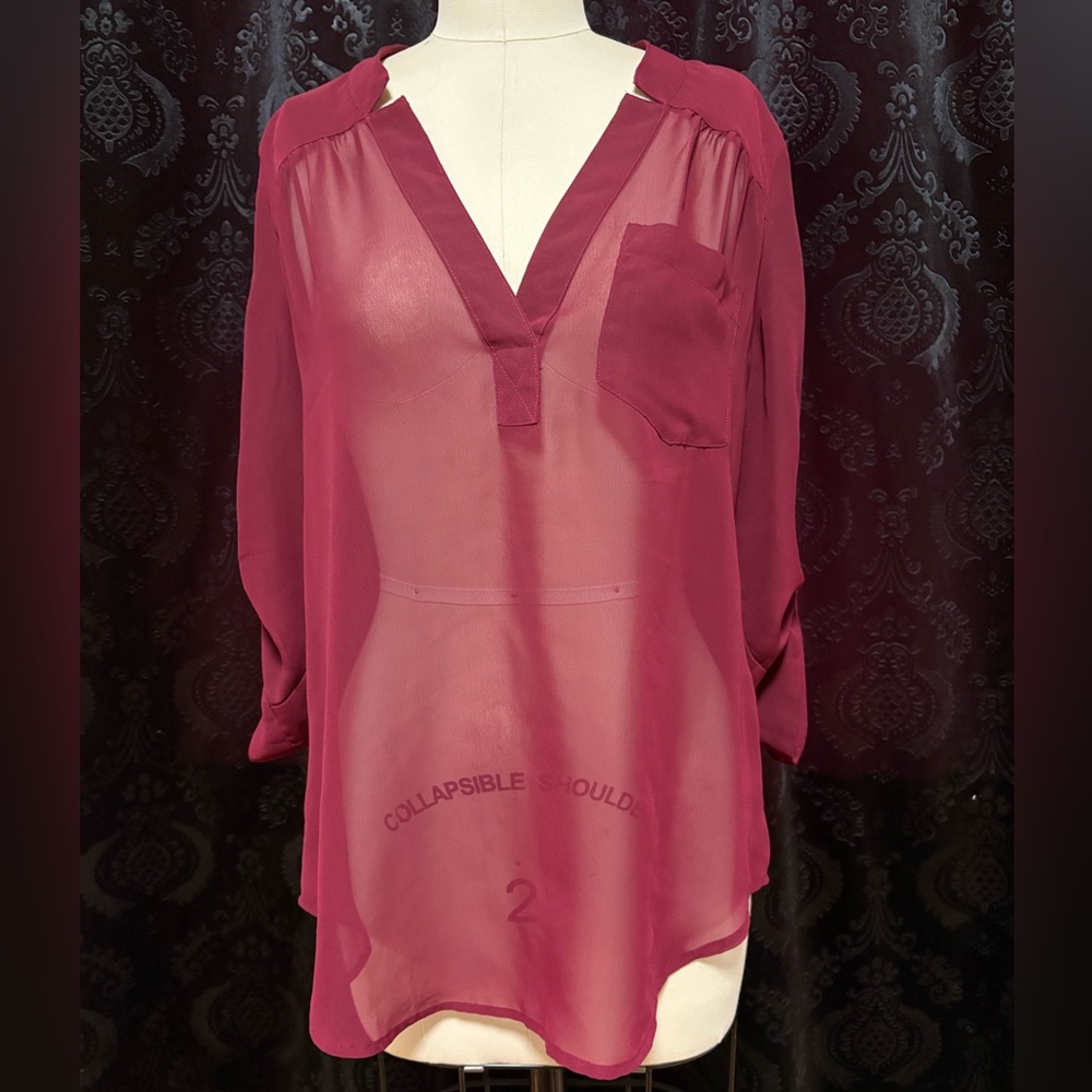 Sheer V-Neck Blouse in Deep Raspberry